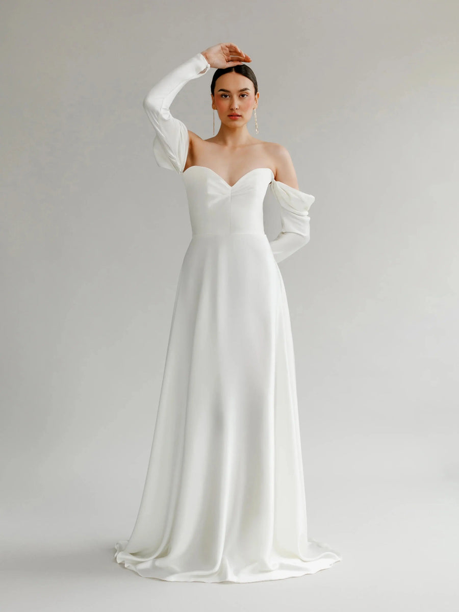 Alexis Satin wedding dress hero front view | ForeverSolesBride