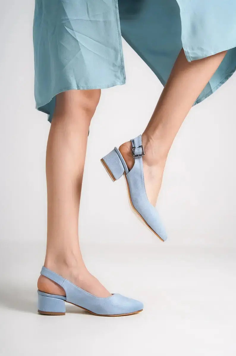 ForeverSoles Baby Blue Soft Low Heel for women, elegant wedding and party shoes