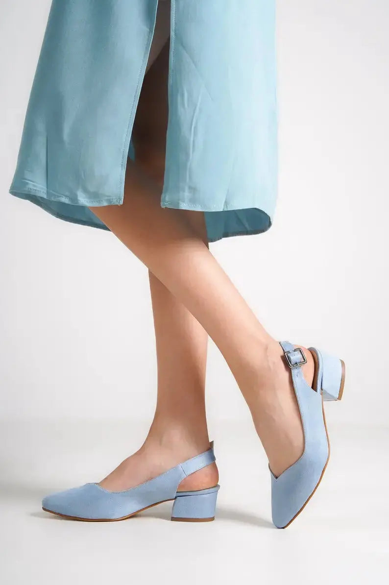ForeverSoles Baby Blue Soft Low Heel for women, elegant wedding and party shoes