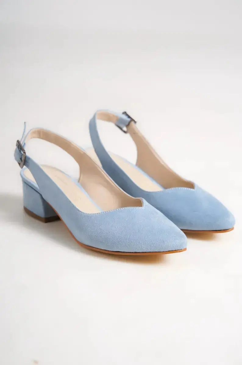 ForeverSoles Baby Blue Soft Low Heel for women, elegant wedding and party shoes