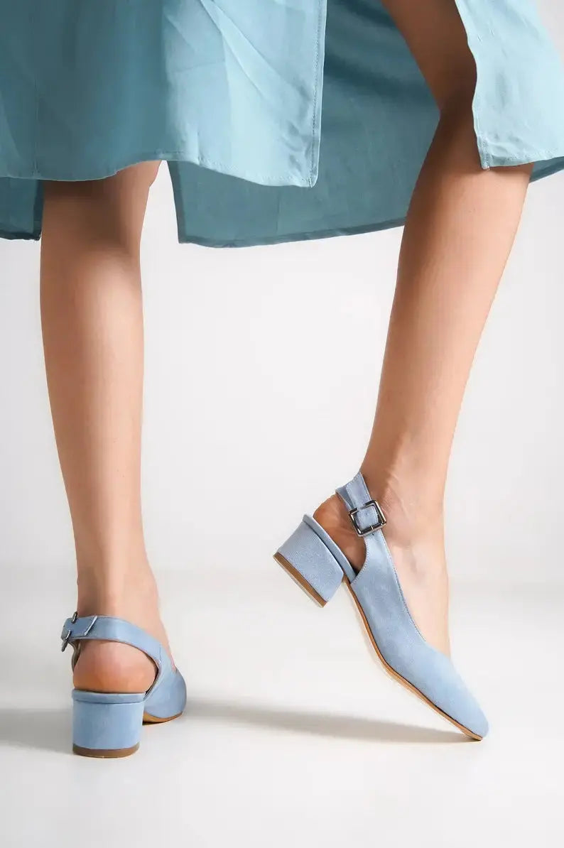 ForeverSoles Baby Blue Soft Low Heel for women, elegant wedding and party shoes