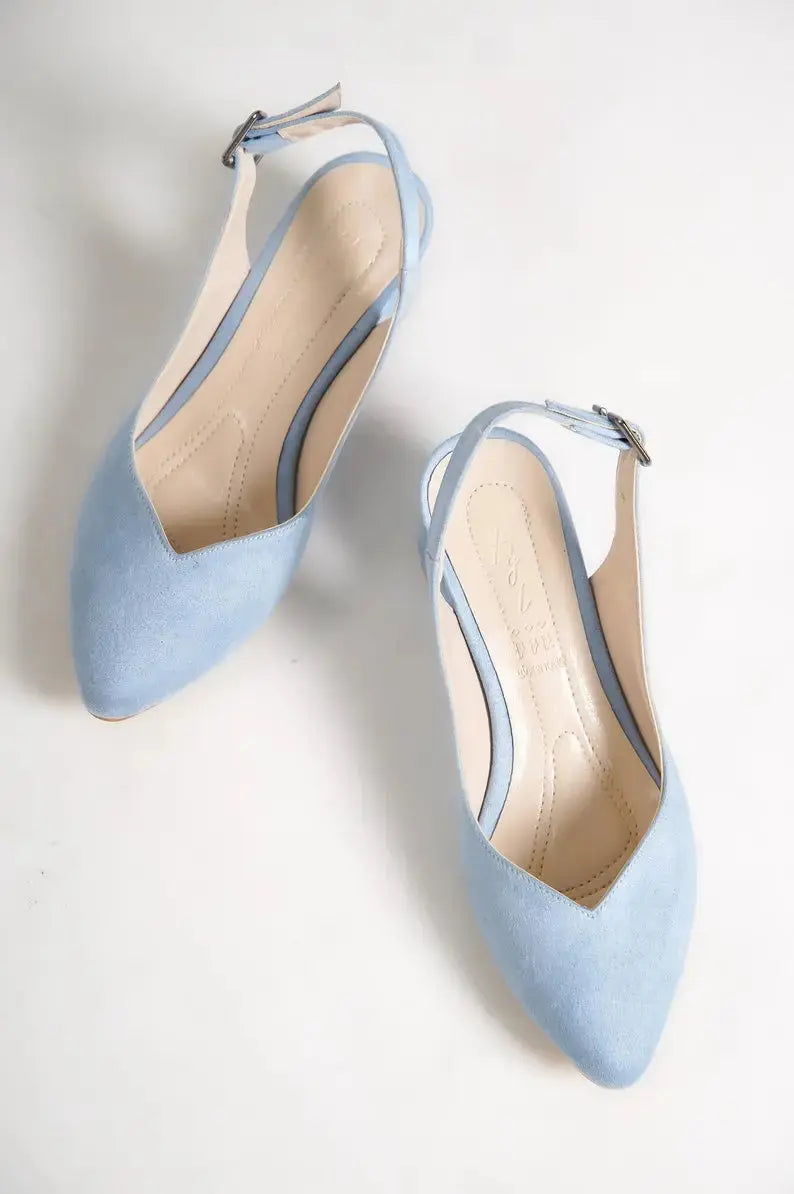 ForeverSoles Baby Blue Soft Low Heel for women, elegant wedding and party shoes