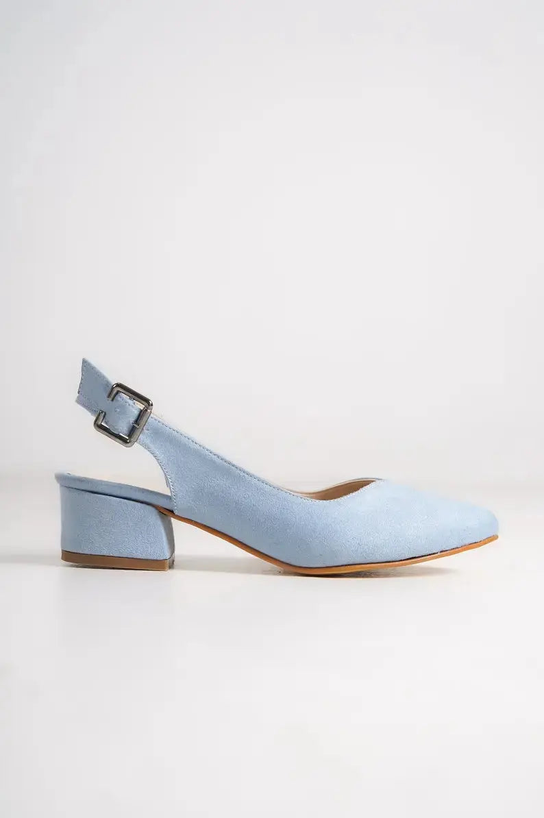 ForeverSoles Baby Blue Soft Low Heel for women, elegant wedding and party shoes
