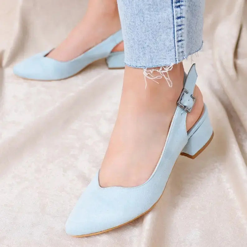 ForeverSoles Baby Blue Soft Low Heel for women, elegant wedding and party shoes