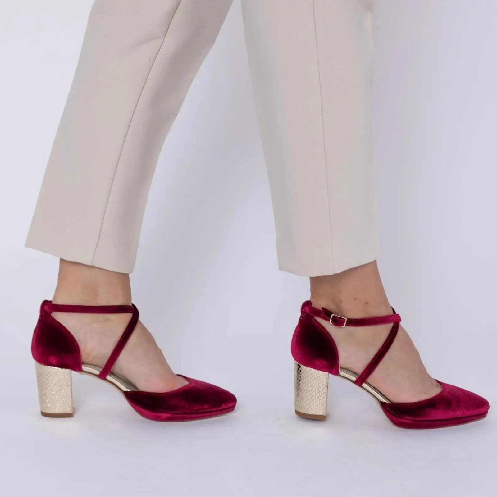 Beige Velvet Block Heel wedding shoes hero front view | ForeverSolesBride