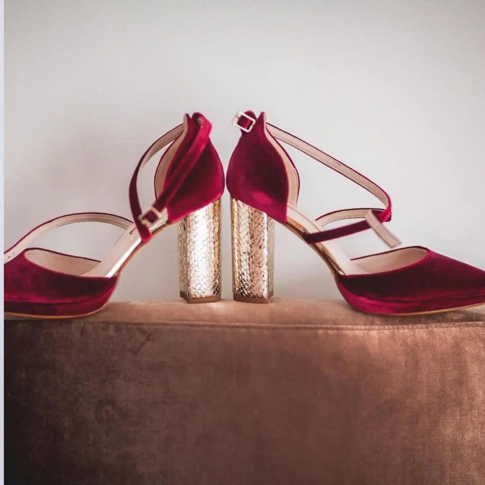 Beige Velvet Block Heel wedding shoes product view 2 | ForeverSolesBride