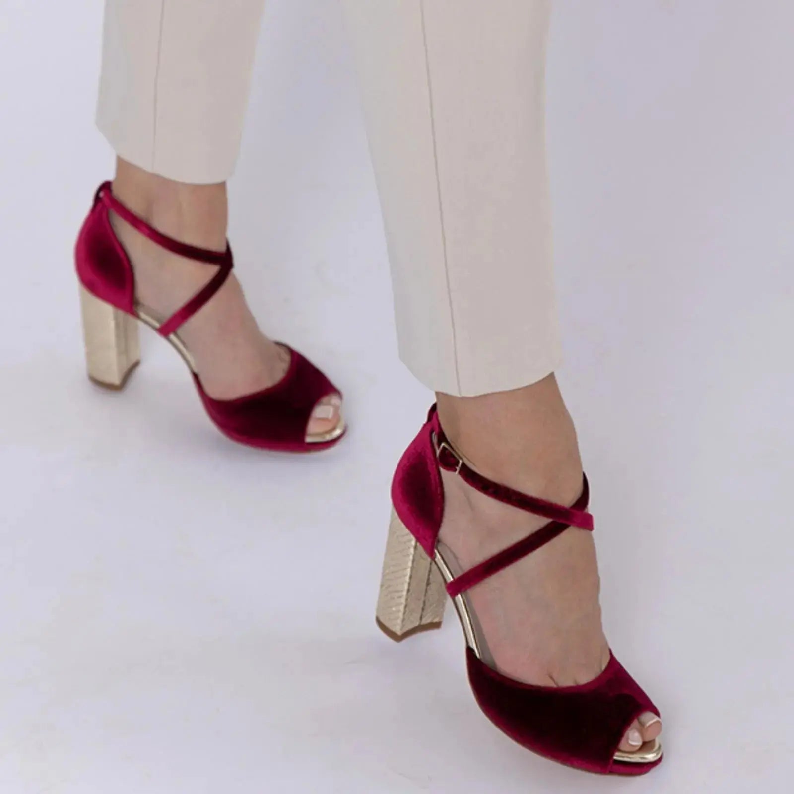 Beige Velvet Block Heel wedding shoes product view 3 | ForeverSolesBride