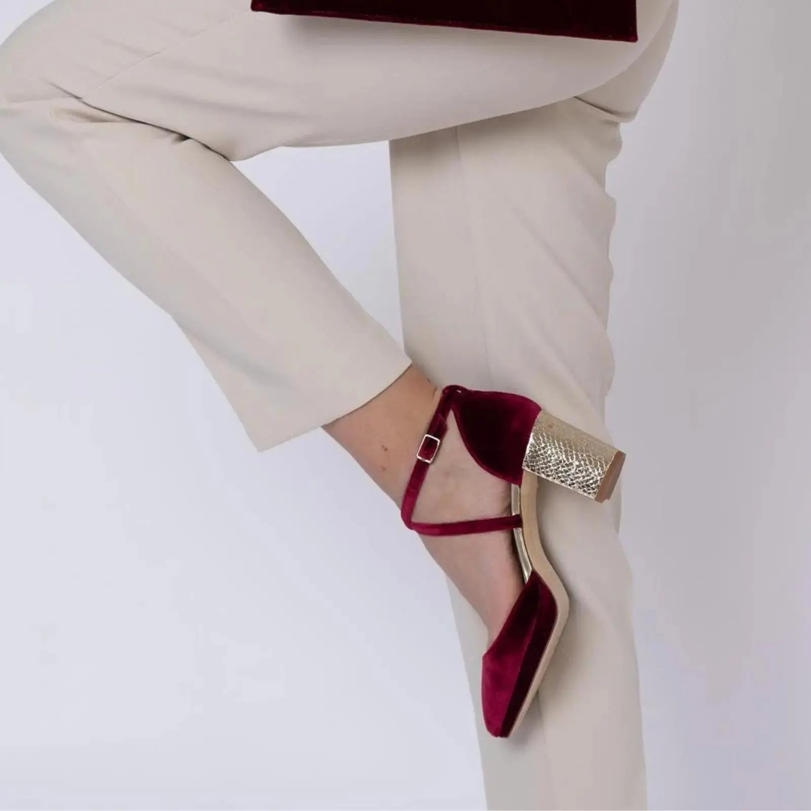 Beige Velvet Block Heel wedding shoes product view 4 | ForeverSolesBride