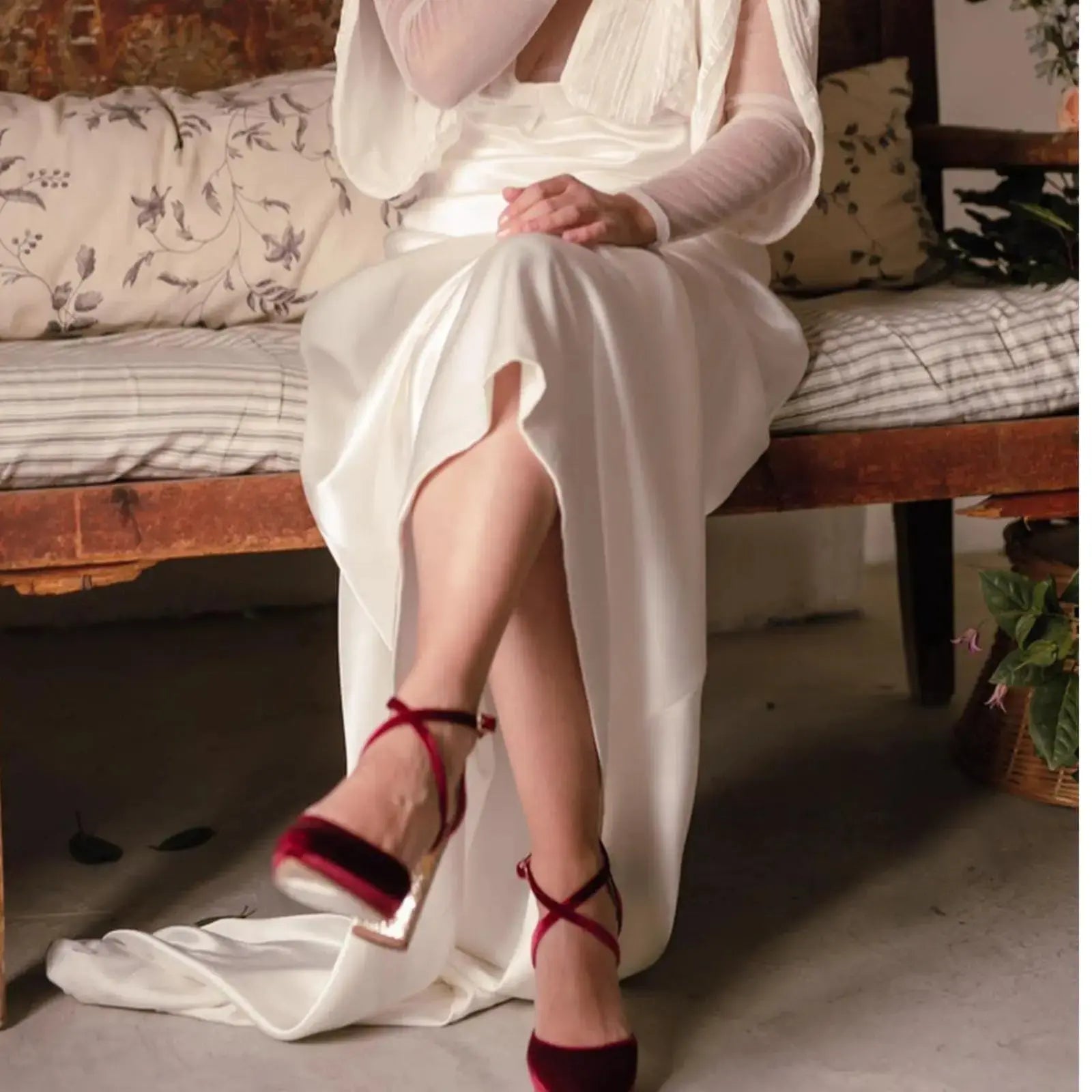 Beige Velvet Block Heel wedding shoes product view 5 | ForeverSolesBride