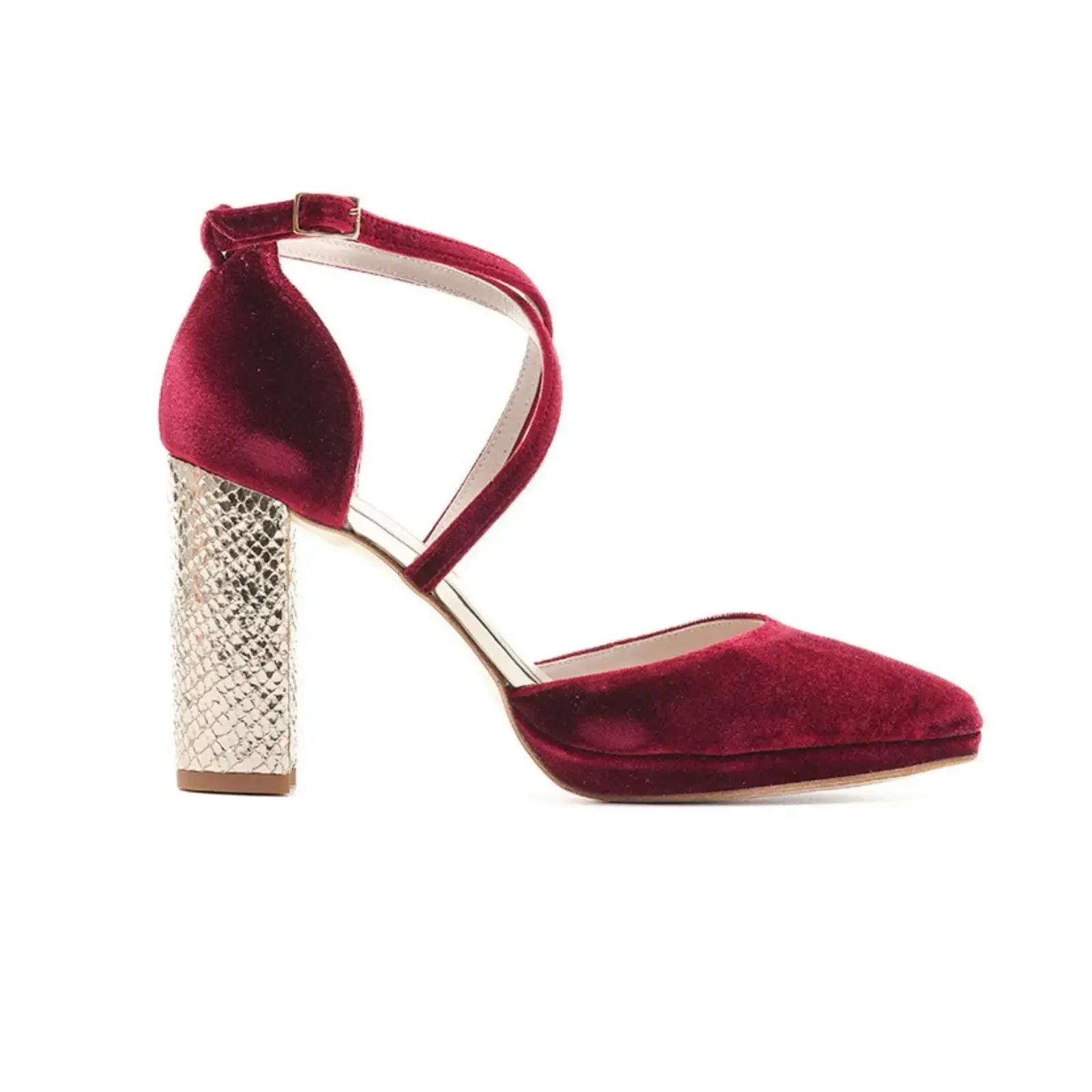 Beige Velvet Block Heel wedding shoes product view 7 | ForeverSolesBride