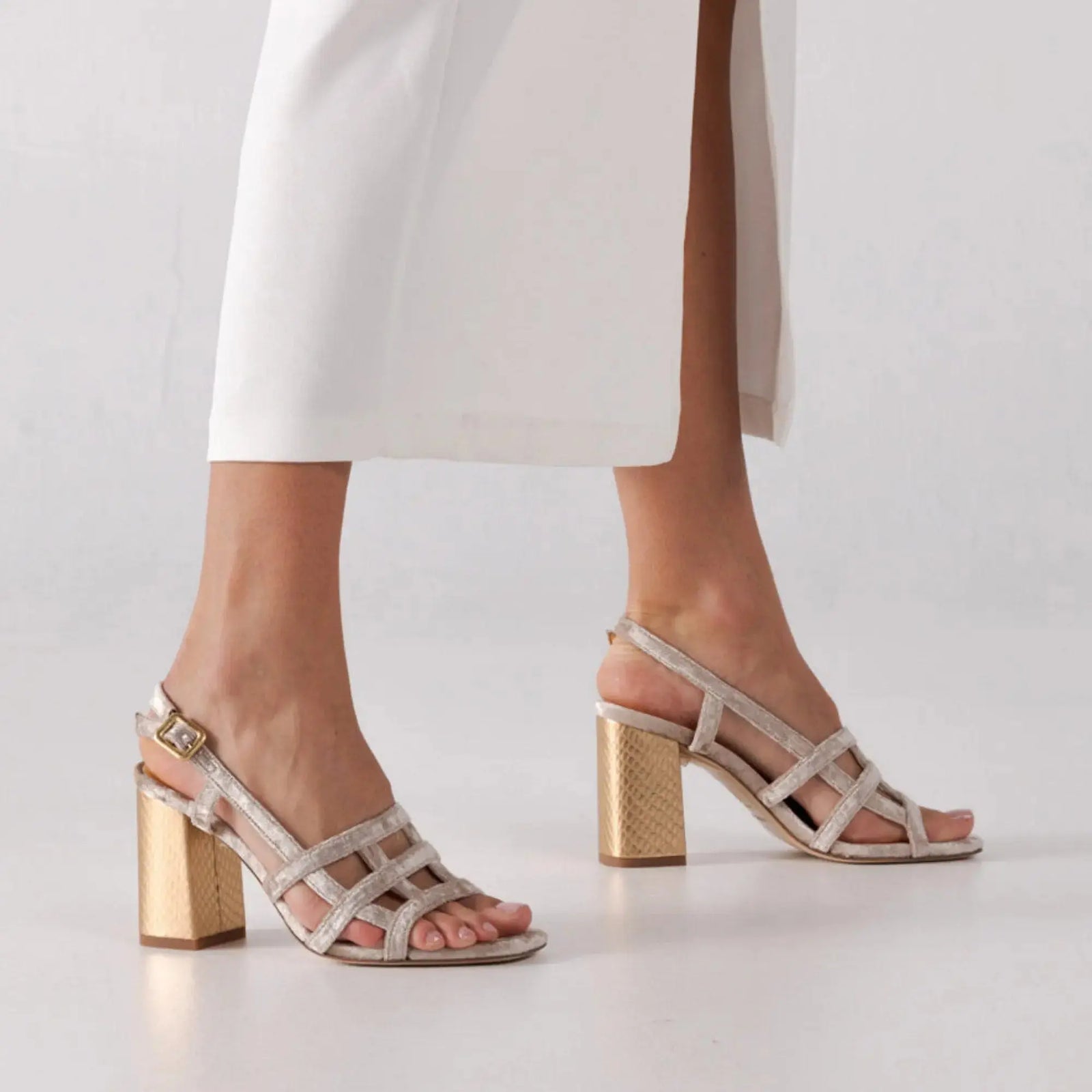 Beige Velvet Block Heel wedding shoes hero front view | ForeverSolesBride