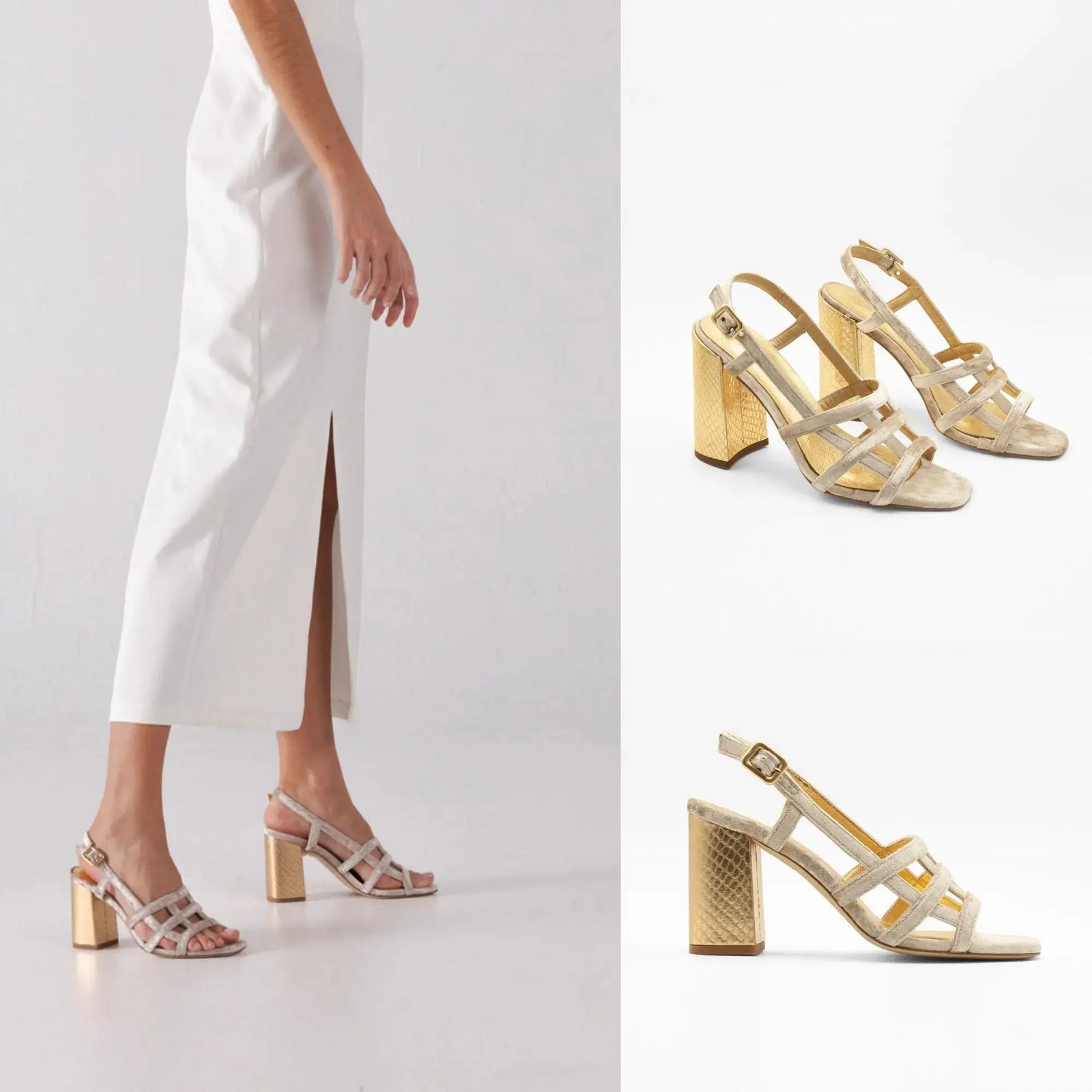 Beige Velvet Block Heel wedding shoes product view 2 | ForeverSolesBride