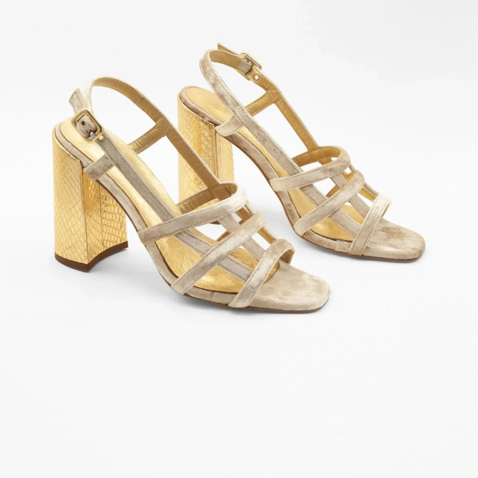 Beige Velvet Block Heel wedding shoes product view 4 | ForeverSolesBride