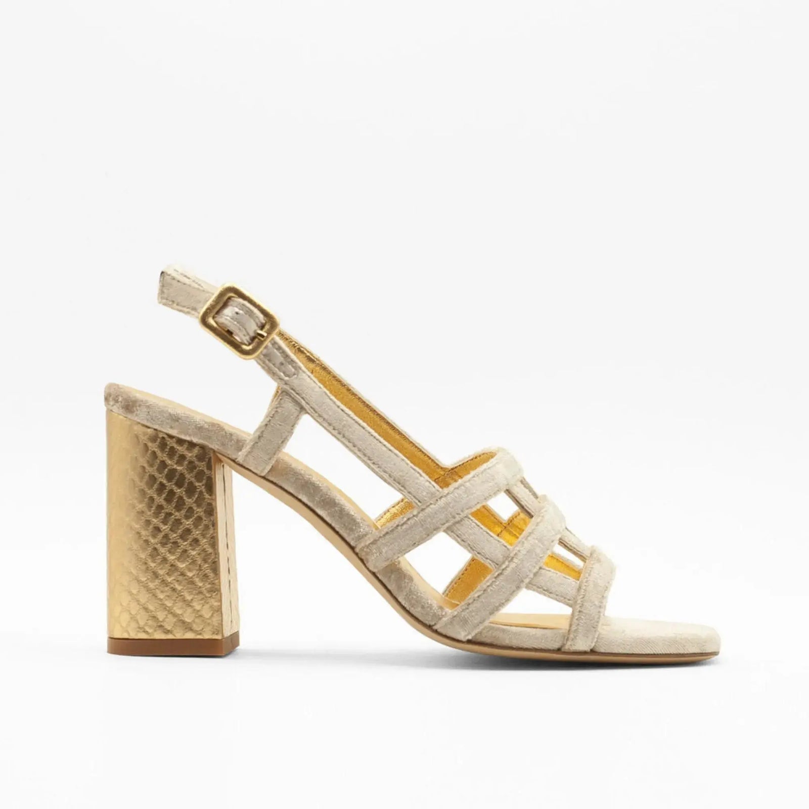 Beige Velvet Block Heel wedding shoes product view 5 | ForeverSolesBride