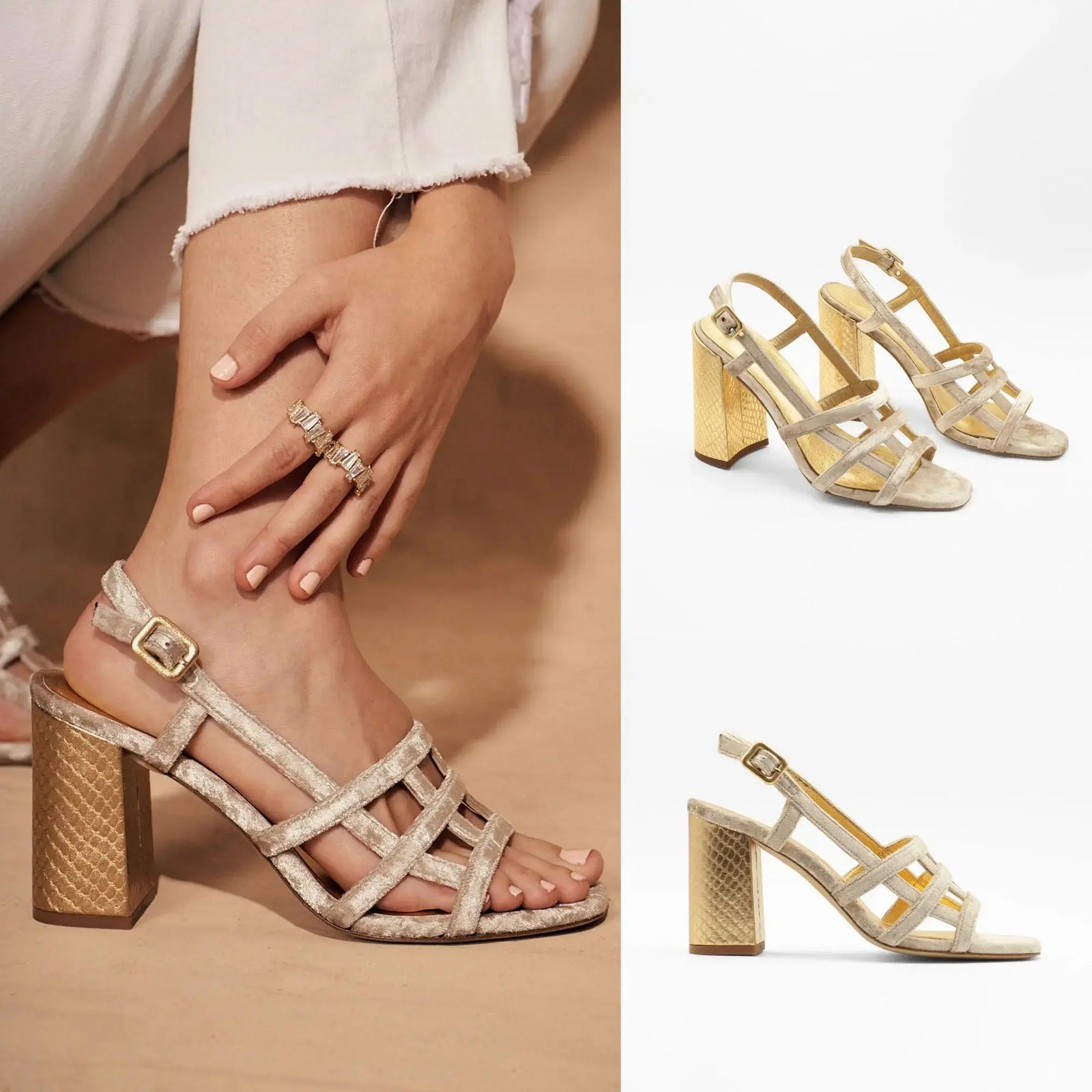 Beige Velvet Block Heel wedding shoes product view 6 | ForeverSolesBride