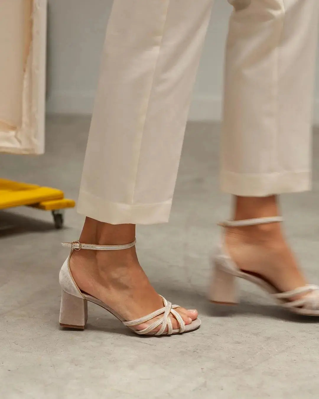 Beige Velvet Block Heel wedding shoes hero front view | ForeverSolesBride