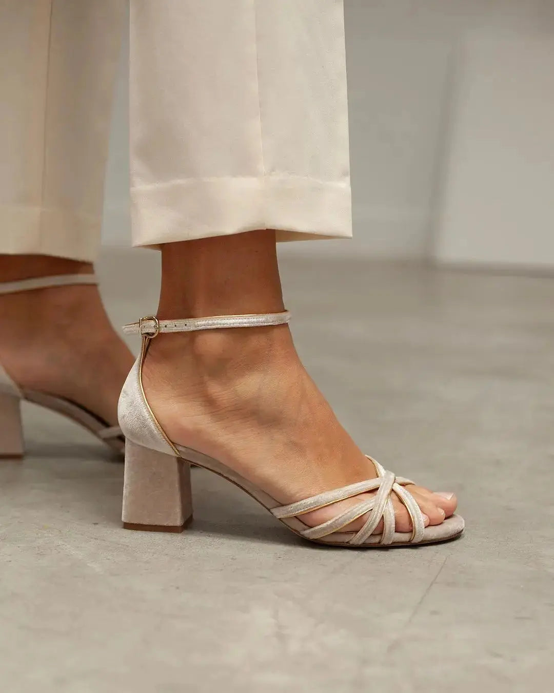 Beige Velvet Block Heel wedding shoes product view 2 | ForeverSolesBride