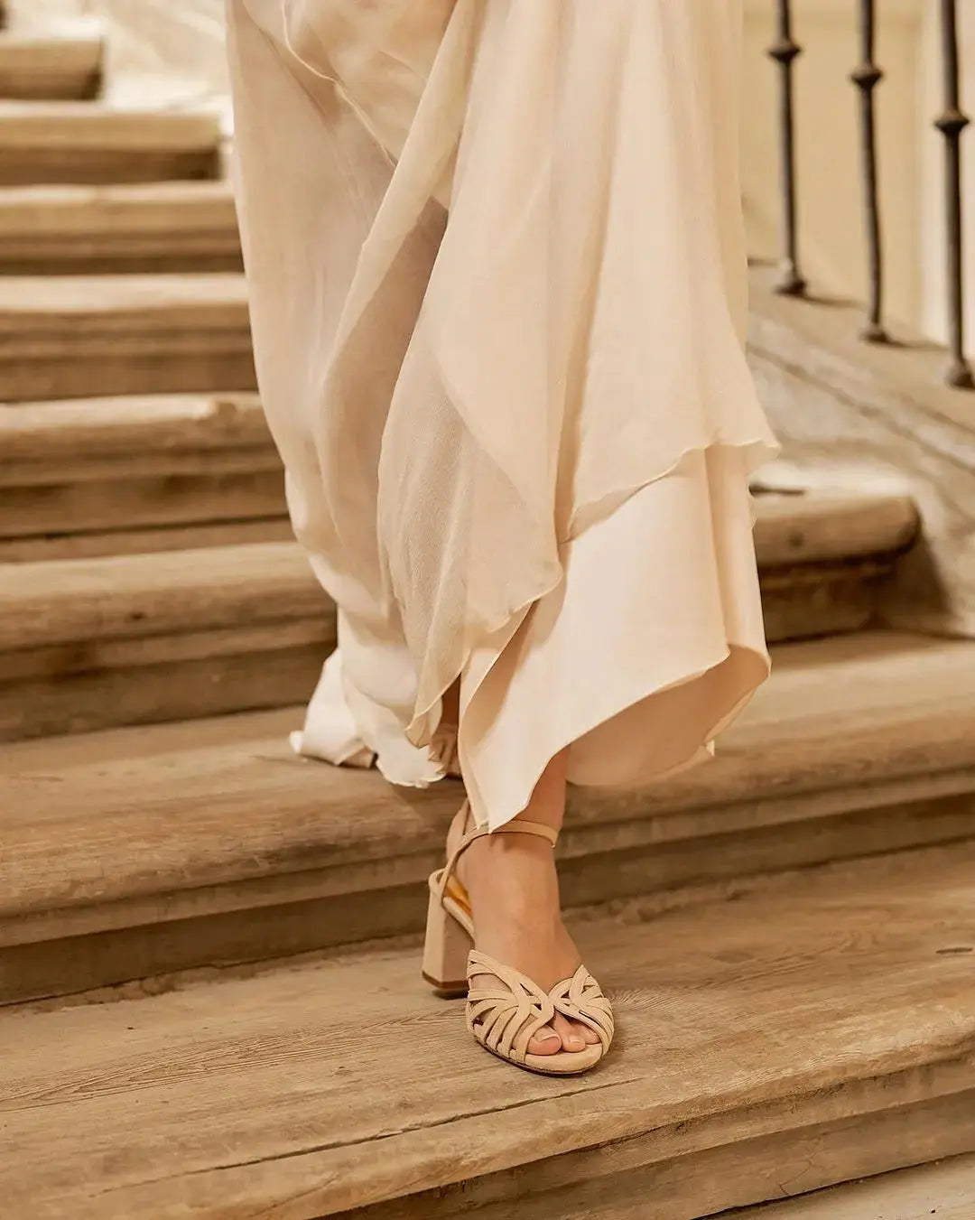 Beige Velvet Block Heel wedding shoes product view 3 | ForeverSolesBride