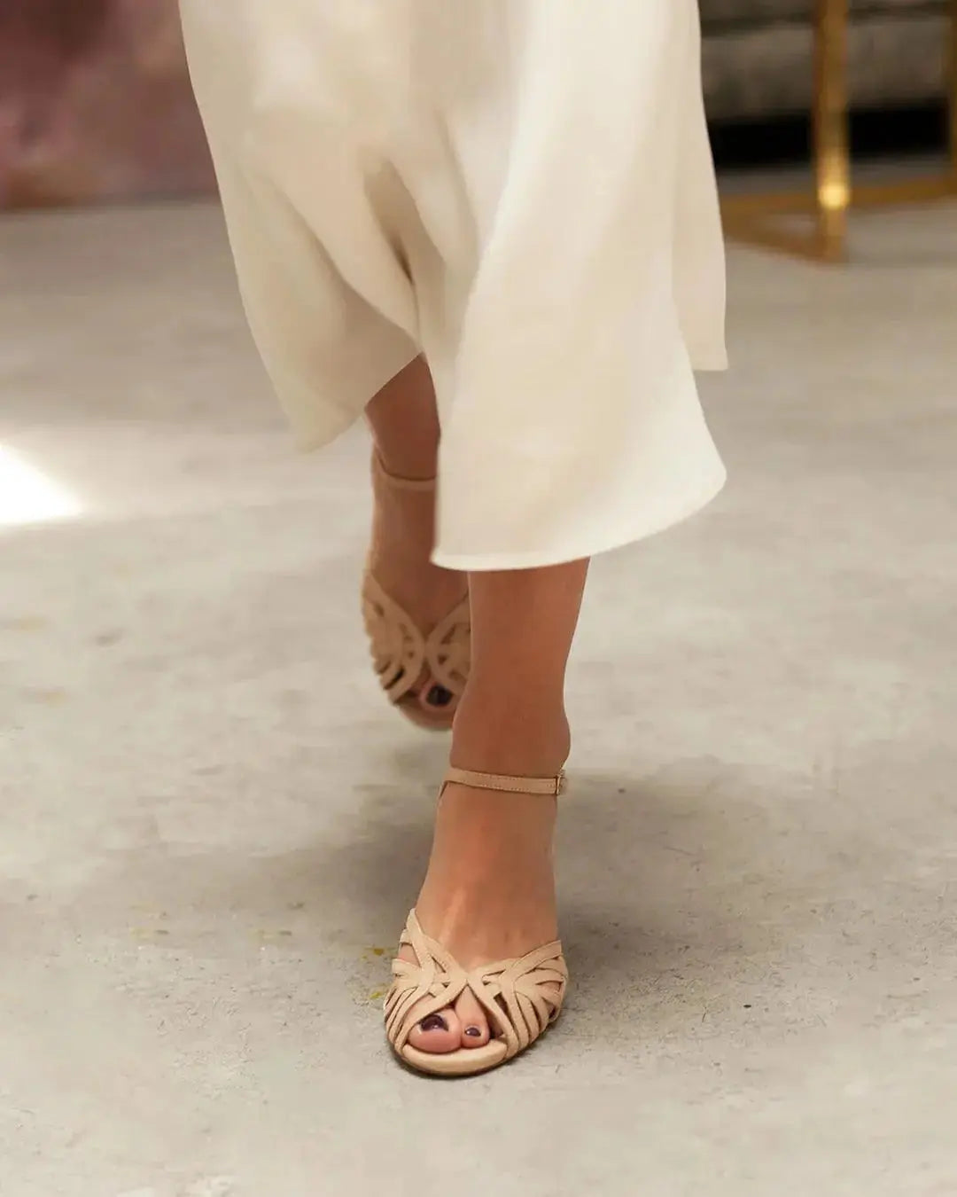 Beige Velvet Block Heel wedding shoes product view 4 | ForeverSolesBride