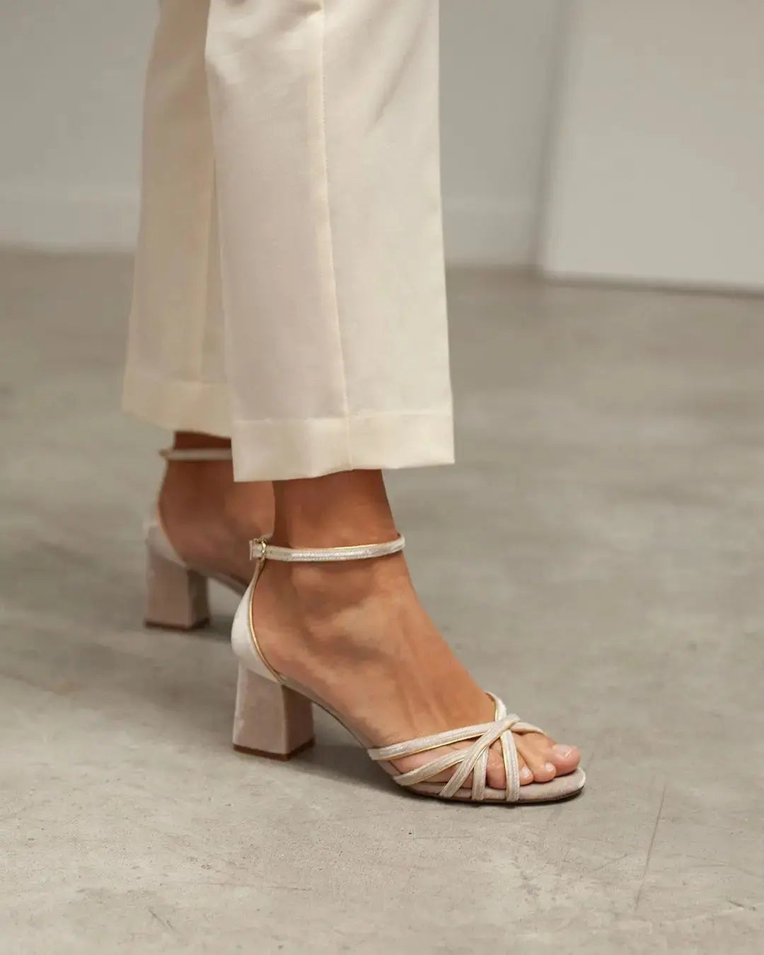 Beige Velvet Block Heel wedding shoes product view 6 | ForeverSolesBride