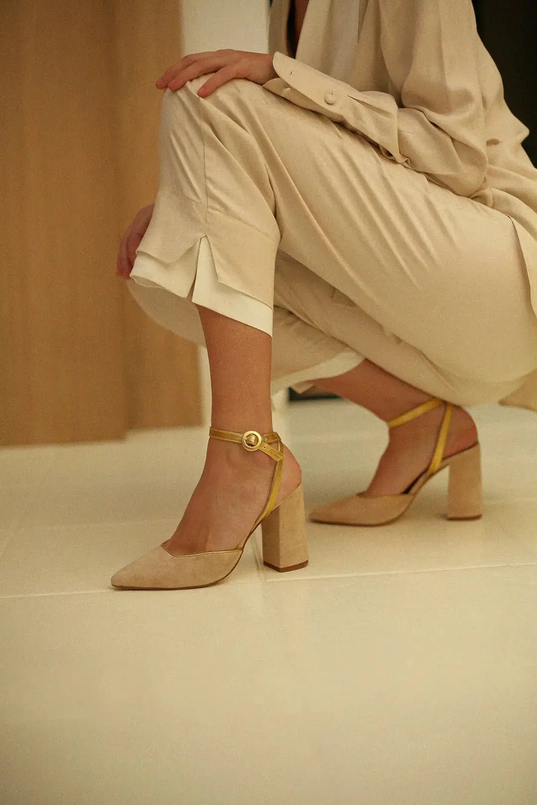 Beige Velvet Block Heel wedding shoes product view 2 | ForeverSolesBride