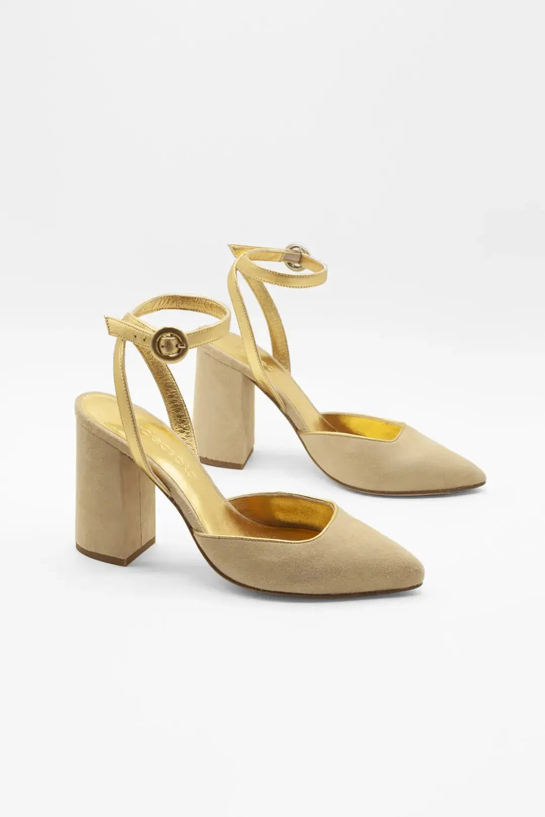 Beige Velvet Block Heel wedding shoes product view 3 | ForeverSolesBride