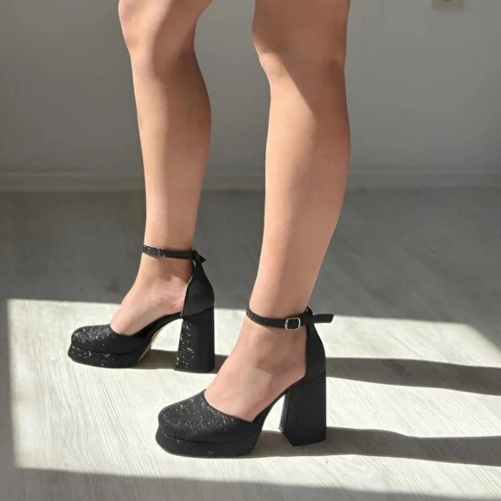 ForeverSoles Black Glitter Block Heel Shoes for women, elegant wedding and party shoes