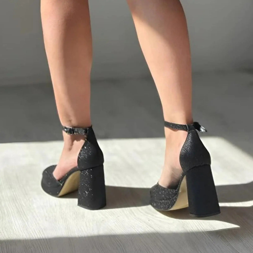 ForeverSoles Black Glitter Block Heel Shoes for women, elegant wedding and party shoes