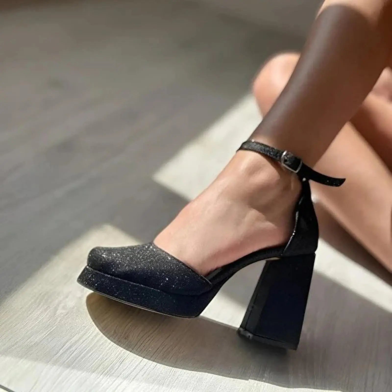 ForeverSoles Black Glitter Block Heel Shoes for women, elegant wedding and party shoes