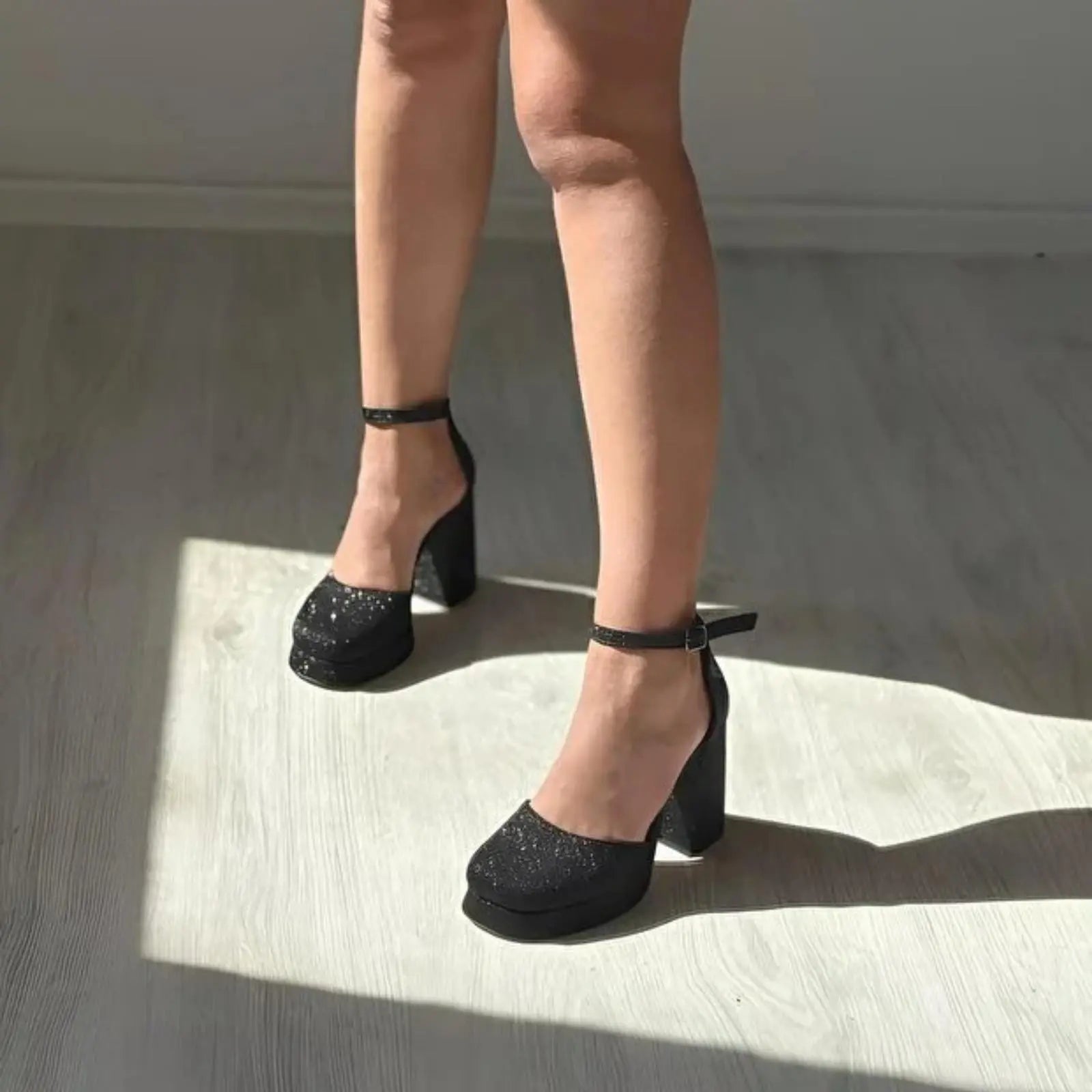 ForeverSoles Black Glitter Block Heel Shoes for women, elegant wedding and party shoes
