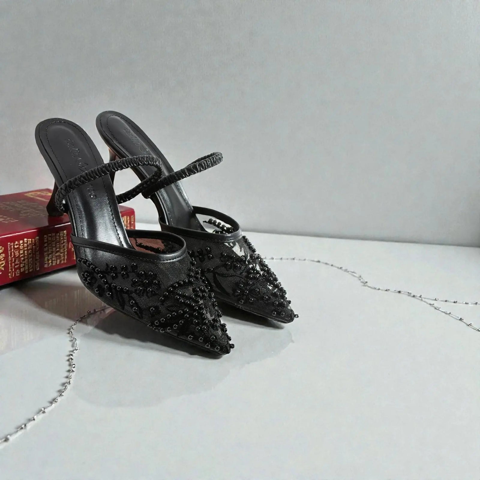 Black Lace Kitten Heel wedding shoes product view 2 | ForeverSolesBride