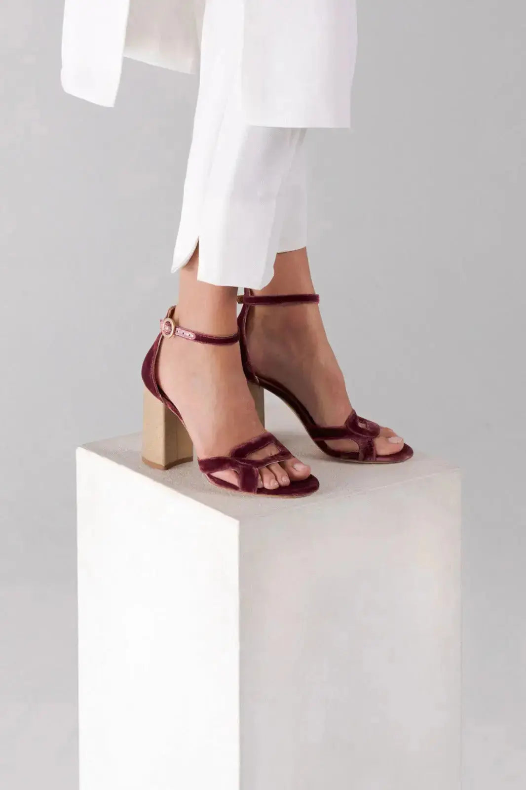 Burgundy Velvet Block Heel wedding shoes product view 6 | ForeverSolesBride