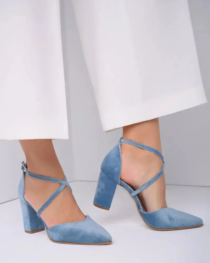 Blue bridal wedding shoes hero front view | ForeverSolesBride