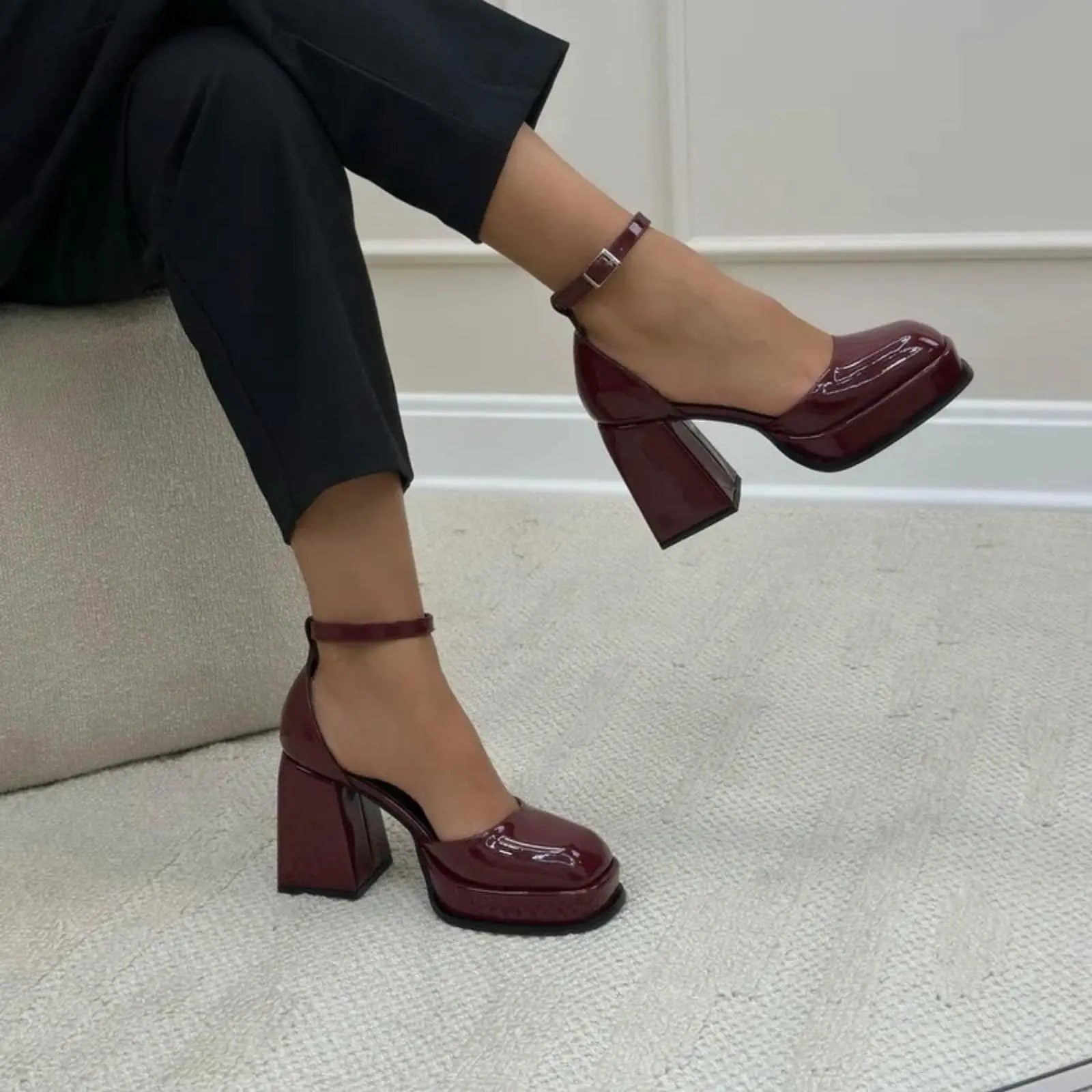 Burgundy Patent Mary Jane wedding shoes hero front view | ForeverSolesBride