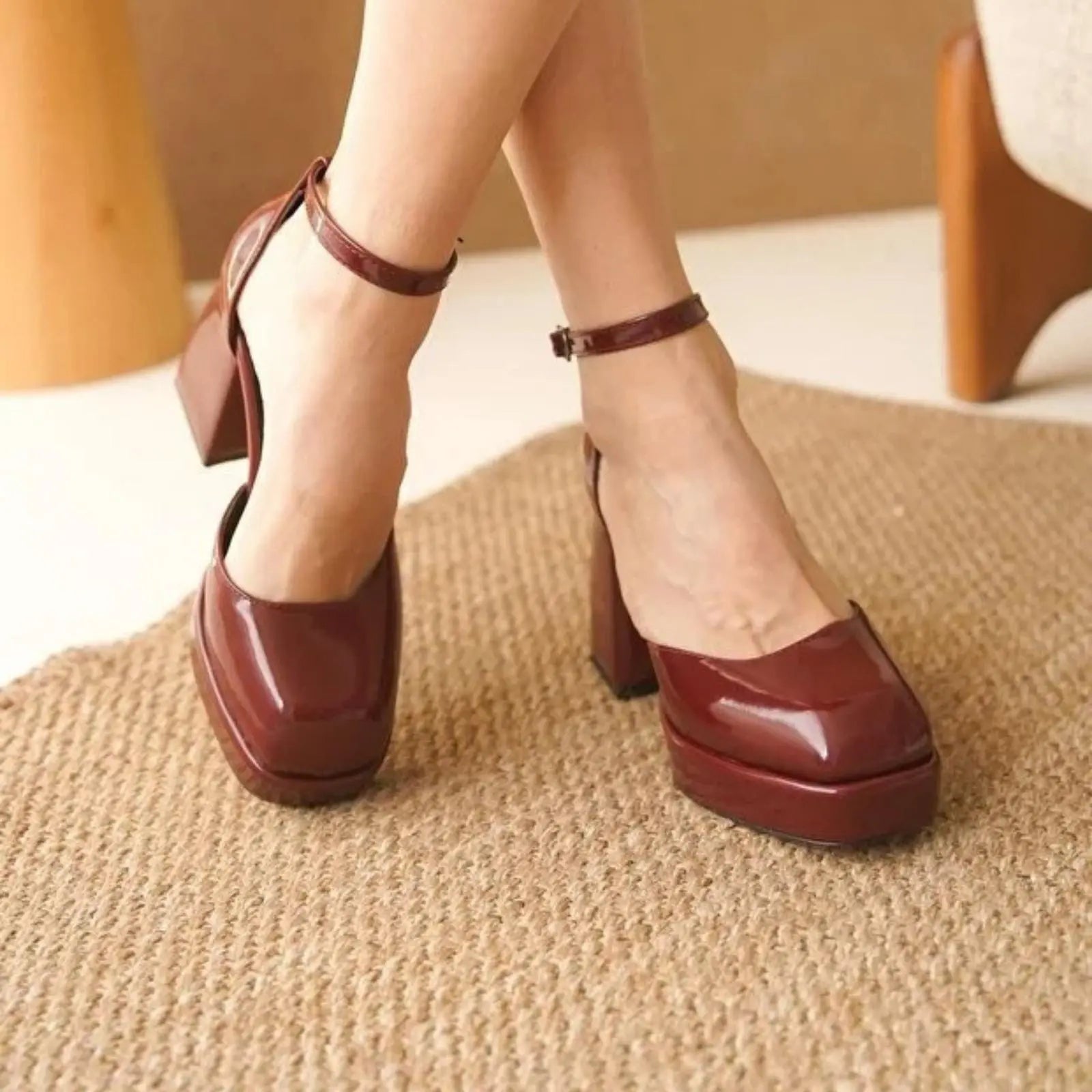 ForeverSoles Burgundy Patent Premium Platform Heels for women, elegant wedding and party shoes