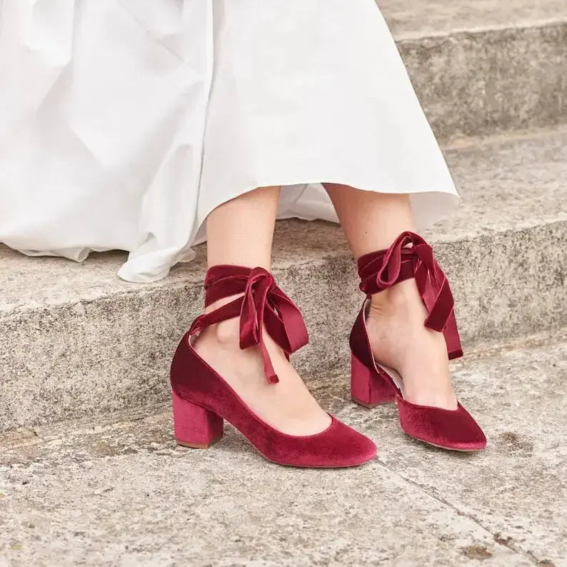 Burgundy Velvet Block Heel wedding shoes product view 3 | ForeverSolesBride