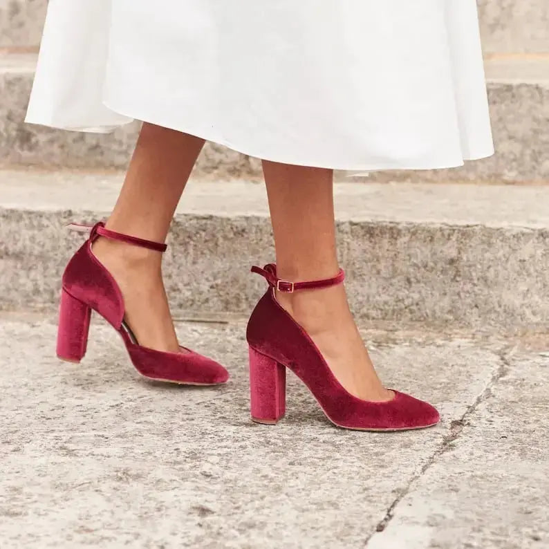Burgundy Velvet Block Heel wedding shoes product view 4 | ForeverSolesBride