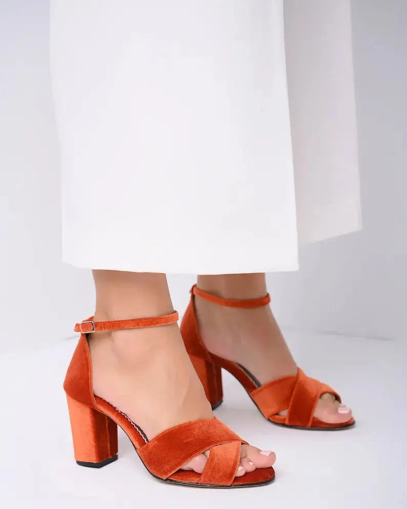 Burgundy Velvet Block Heel wedding shoes product view 2 | ForeverSolesBride