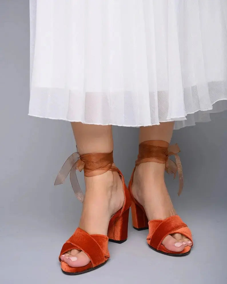 Burgundy Velvet Block Heel wedding shoes product view 4 | ForeverSolesBride