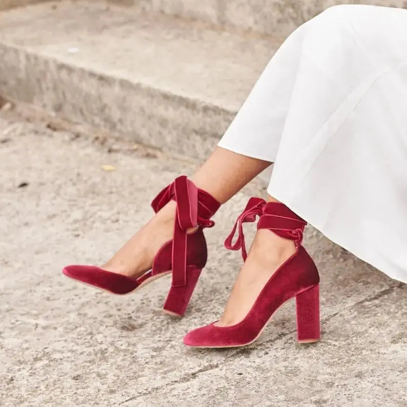 Burgundy Velvet Block Heel wedding shoes hero front view | ForeverSolesBride