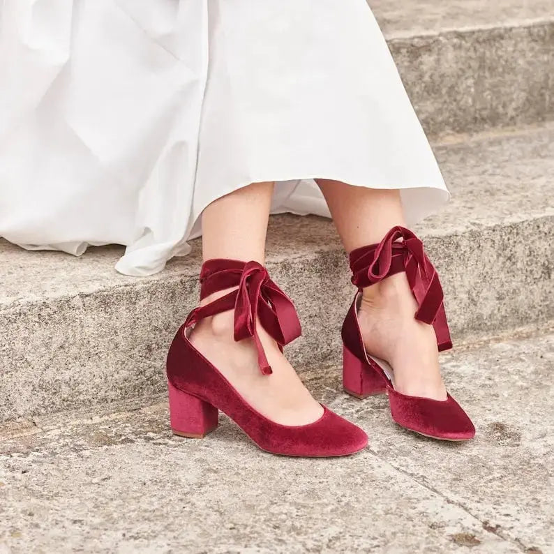 Burgundy Velvet Block Heel wedding shoes product view 3 | ForeverSolesBride