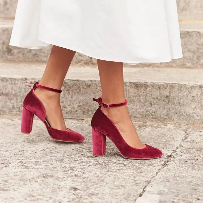 Burgundy Velvet Block Heel wedding shoes product view 4 | ForeverSolesBride