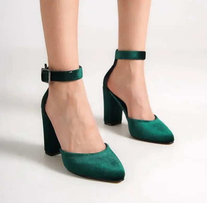 Dark Green Velvet Block Heel wedding shoes hero front view | ForeverSolesBride