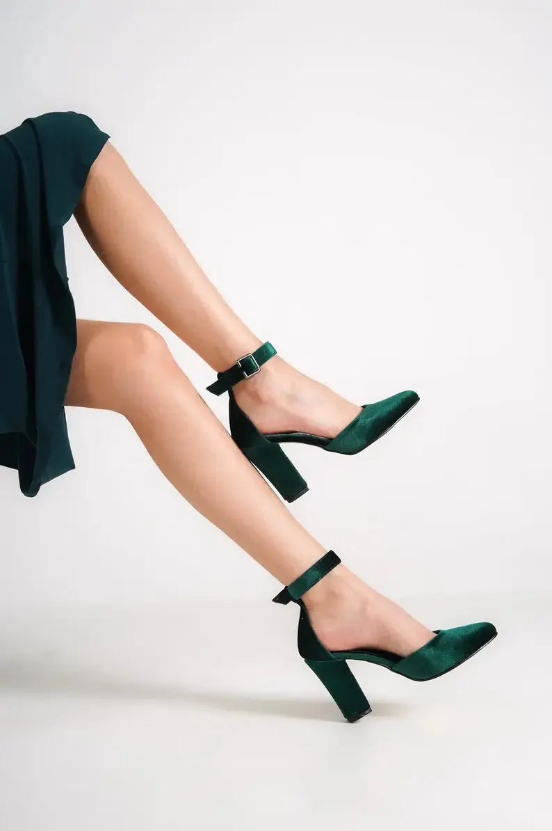 Dark Green Velvet Block Heel wedding shoes product view 2 | ForeverSolesBride