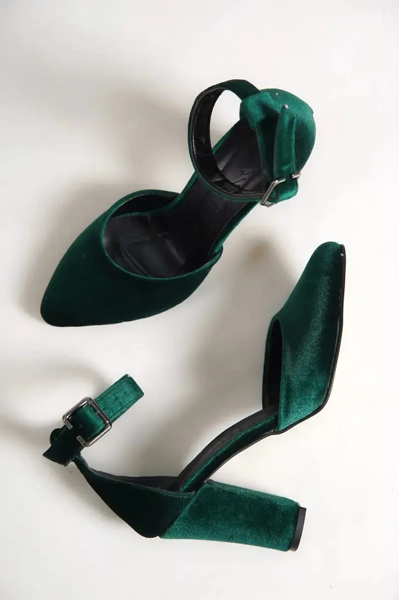 Dark Green Velvet Block Heel wedding shoes product view 3 | ForeverSolesBride