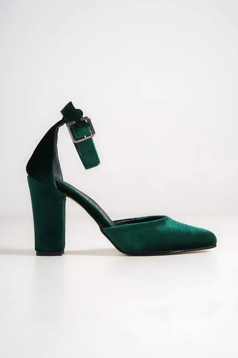 Dark Green Velvet Block Heel wedding shoes product view 5 | ForeverSolesBride