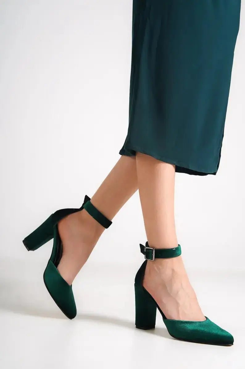 Dark Green Velvet Block Heel wedding shoes product view 6 | ForeverSolesBride