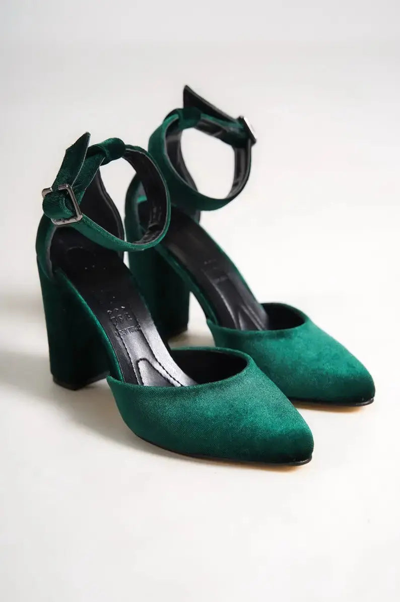 Dark Green Velvet Block Heel wedding shoes product view 10 | ForeverSolesBride