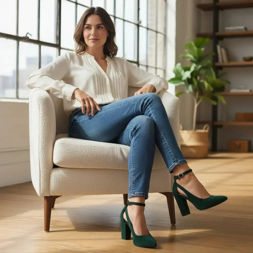 Emerald Green Velvet Block Heel wedding shoes product view 2 | ForeverSolesBride