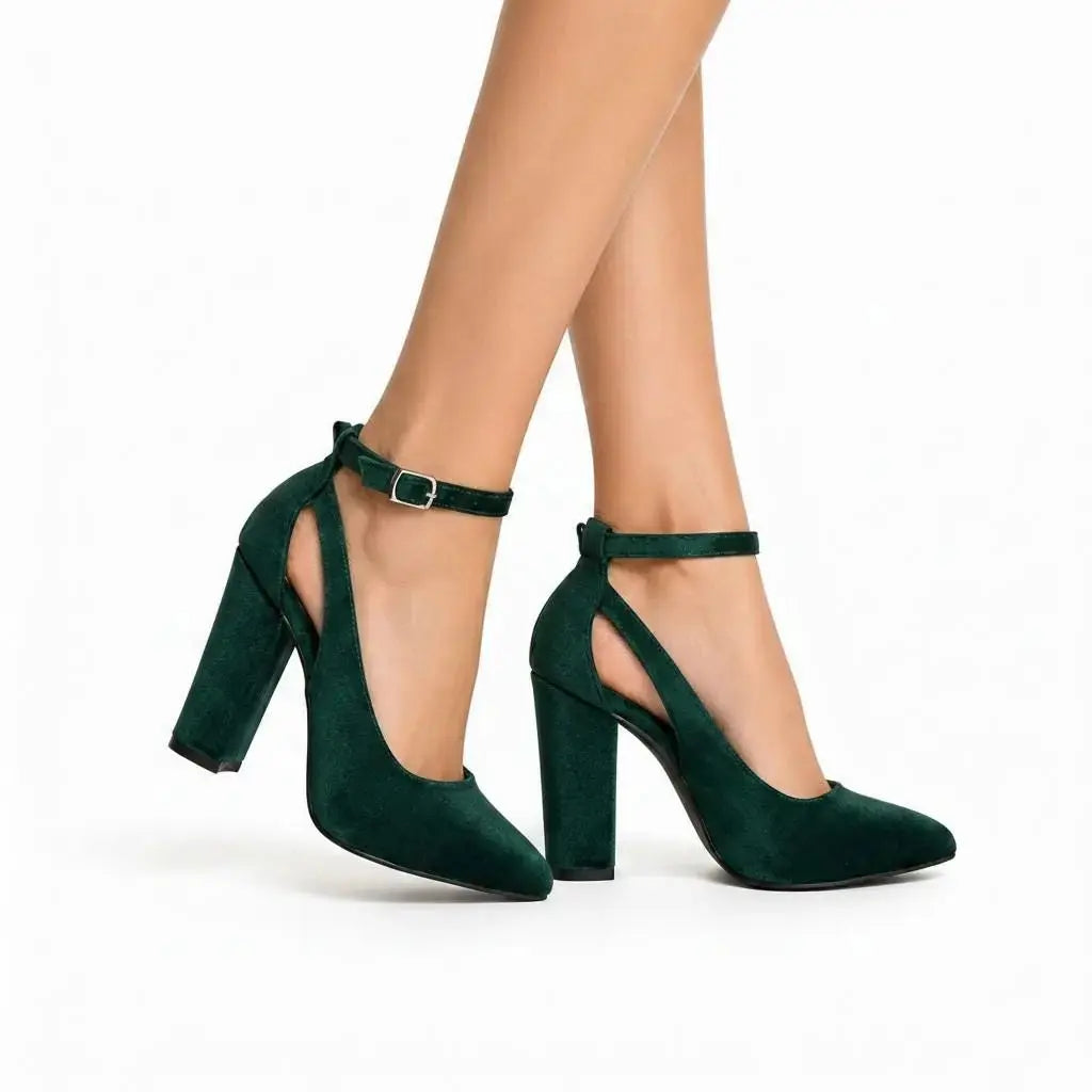 Emerald Green Velvet Block Heel wedding shoes hero front view | ForeverSolesBride